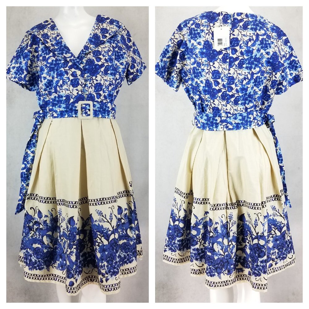 Blue Floral Belted Cream Skirt Midi Dress